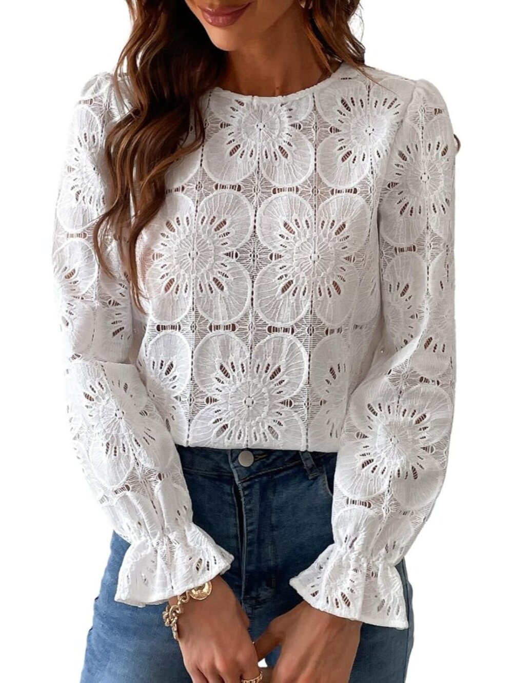Women's Lace Eyelet Puff Sleeve Blouse